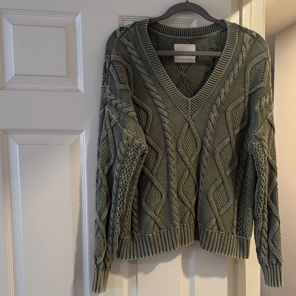 Lucky Brand Green Cable Knit V-Neck Sweater